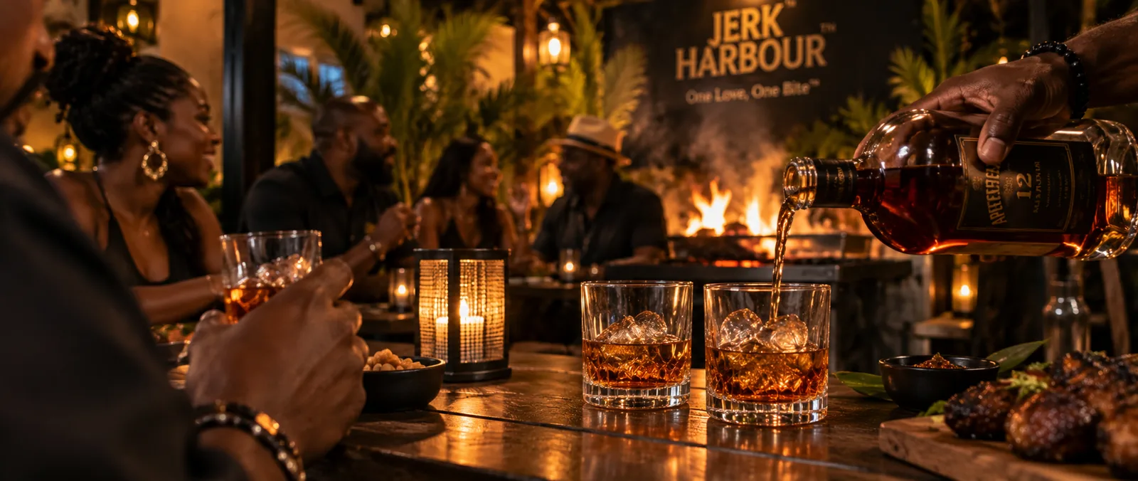 Aged rum poured over ice at the Jerk Harbour Fire & Rum Society table by firelight