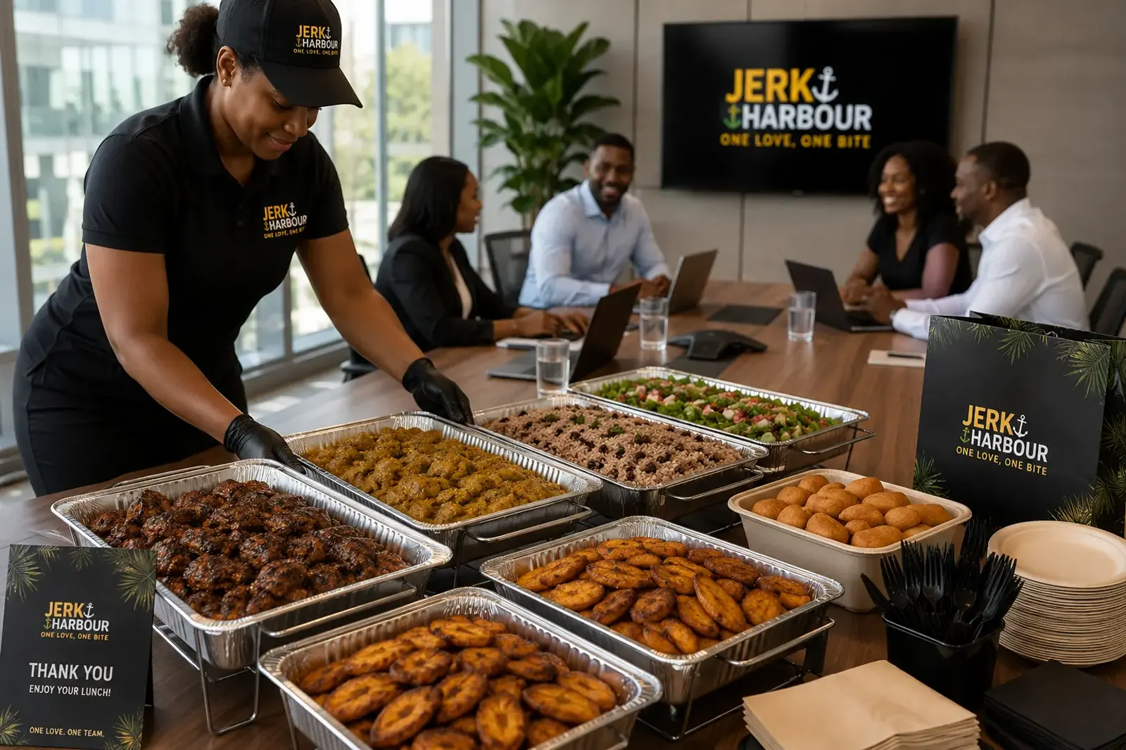 Jerk Harbour corporate lunch drop set up in an office boardroom