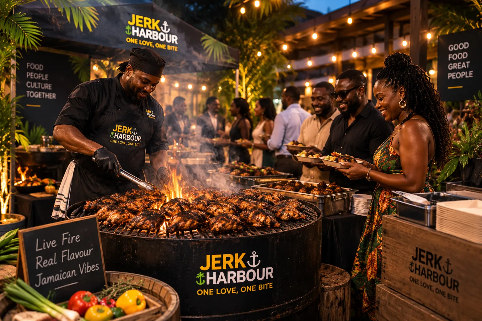 Chef cooking jerk chicken over a charcoal drum grill at an evening event