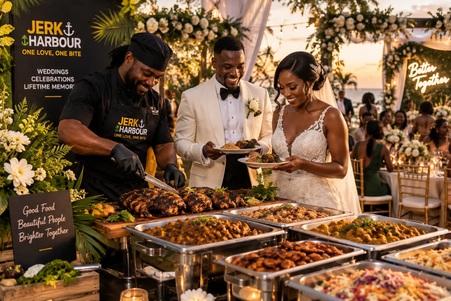 Chef serving Jamaican food beside a wedding couple and their guests