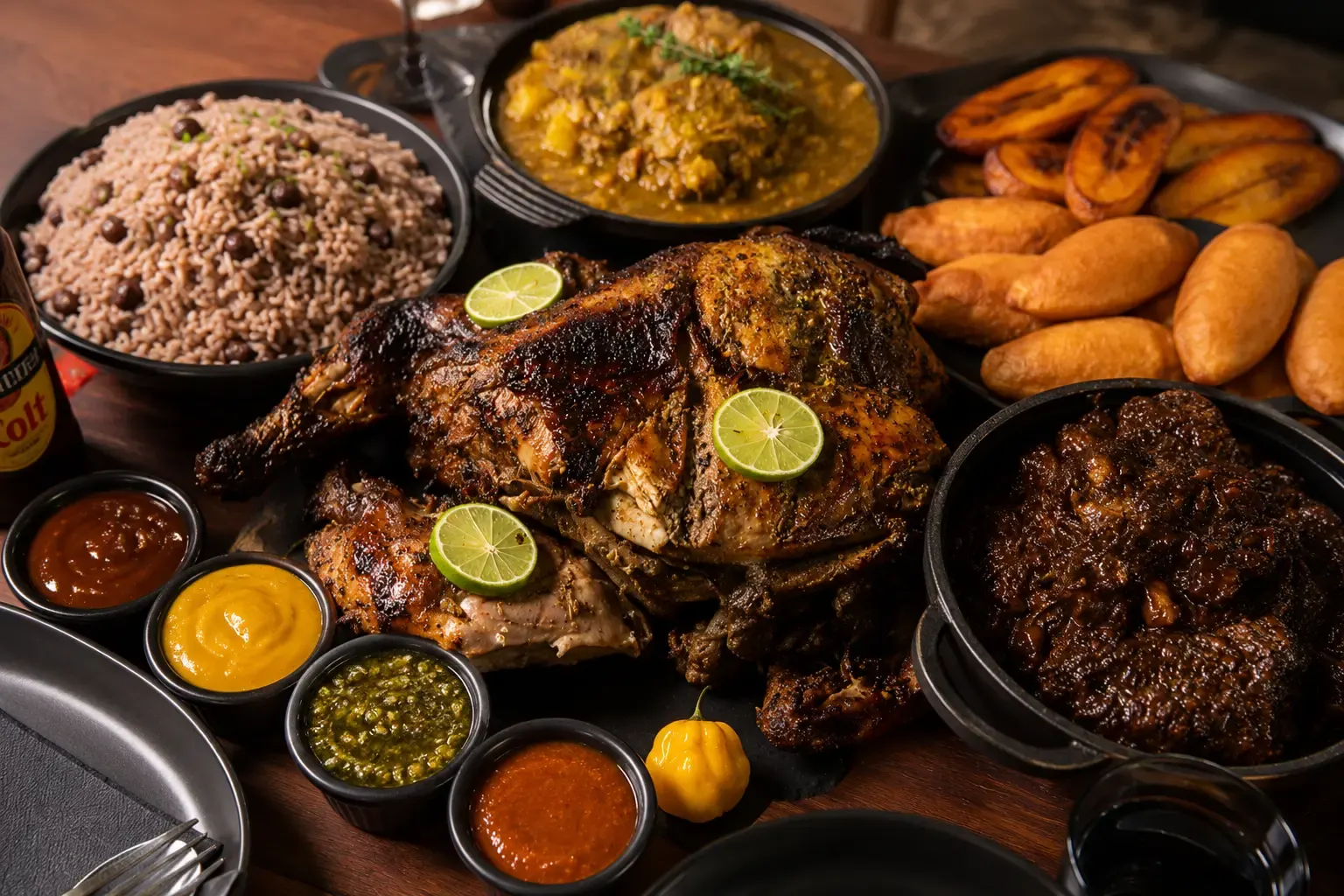 Captain's Feast sharing platter with jerk chicken, rice and peas, curry goat, plantain and festival
