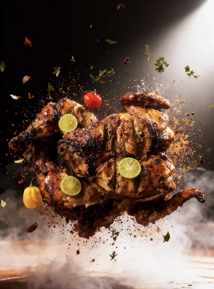 Whole charcoal-grilled jerk chicken with lime wheels and scotch bonnet peppers
