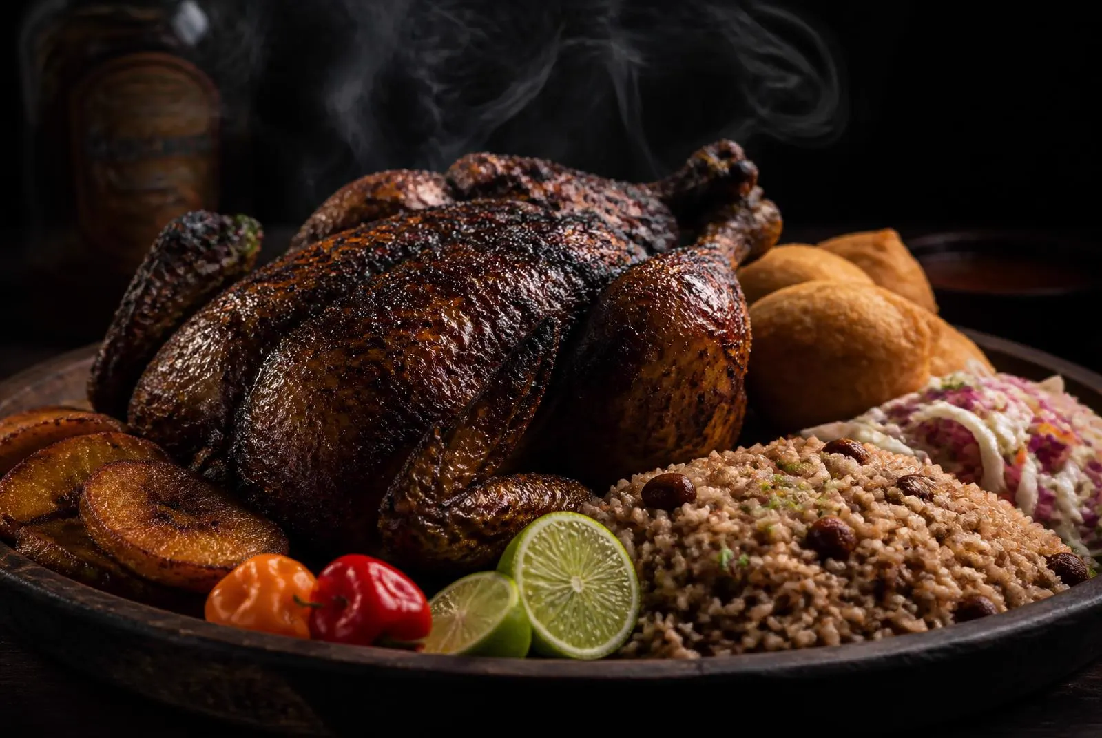 A whole jerk chicken feast plated for sharing
