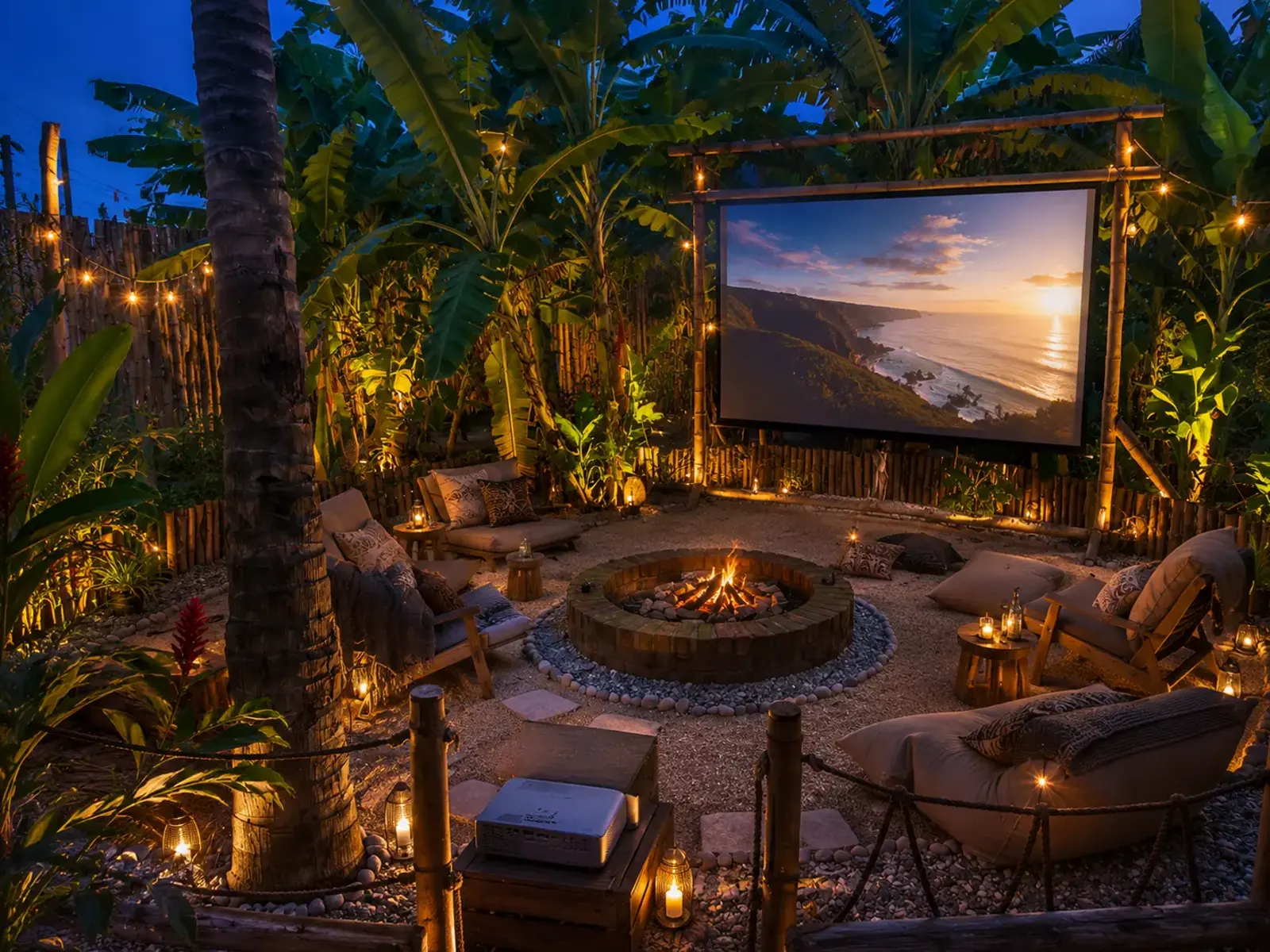 Outdoor garden lounge with fire pit and projector screen