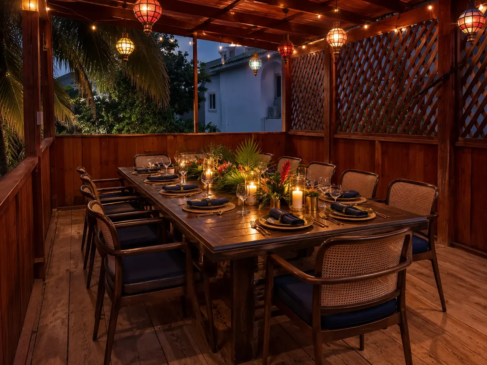 Private dining table laid under lanterns and string lights