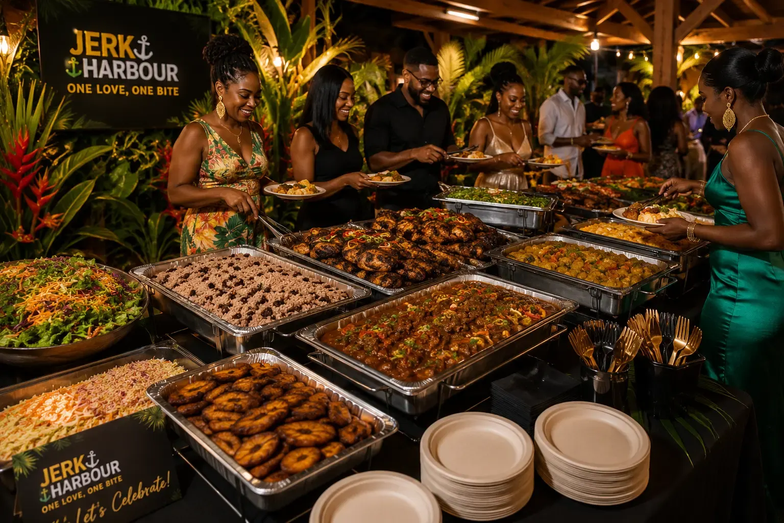 Guests serving themselves from a Jerk Harbour catering buffet
