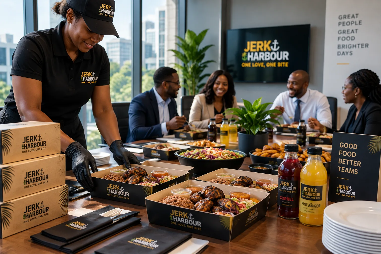 Jerk Harbour team setting up Jamaican food for an office lunch