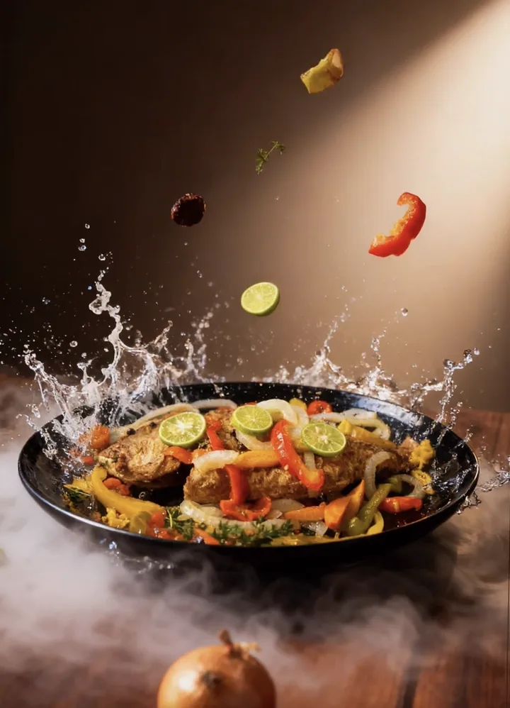 Escovitch fish with peppers, onion and lime on a black plate