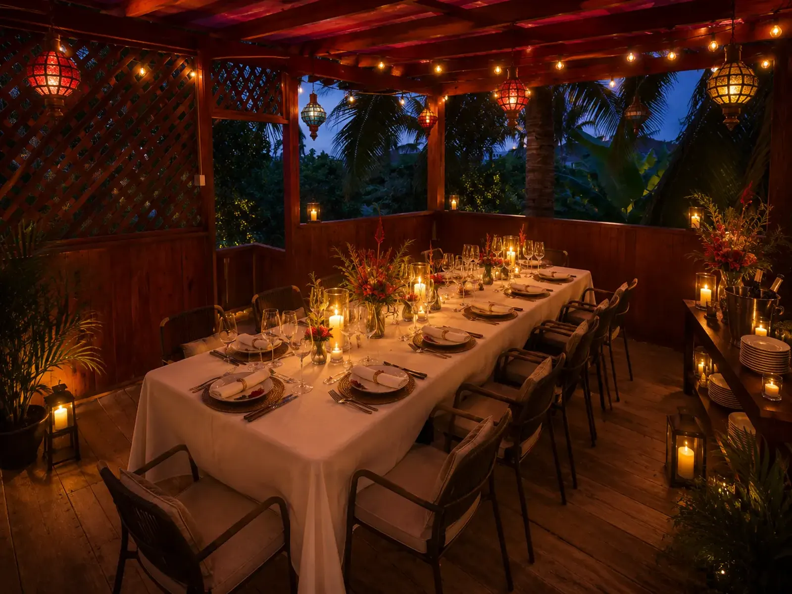 Candlelit long table set for a private dinner with tropical florals