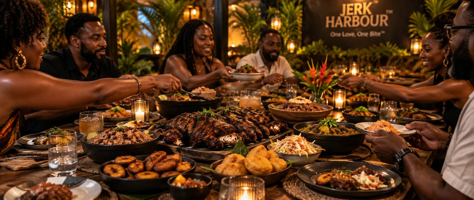 Guests sharing jerk chicken, rice and peas, plantain and festival along the Maroon Heritage Table