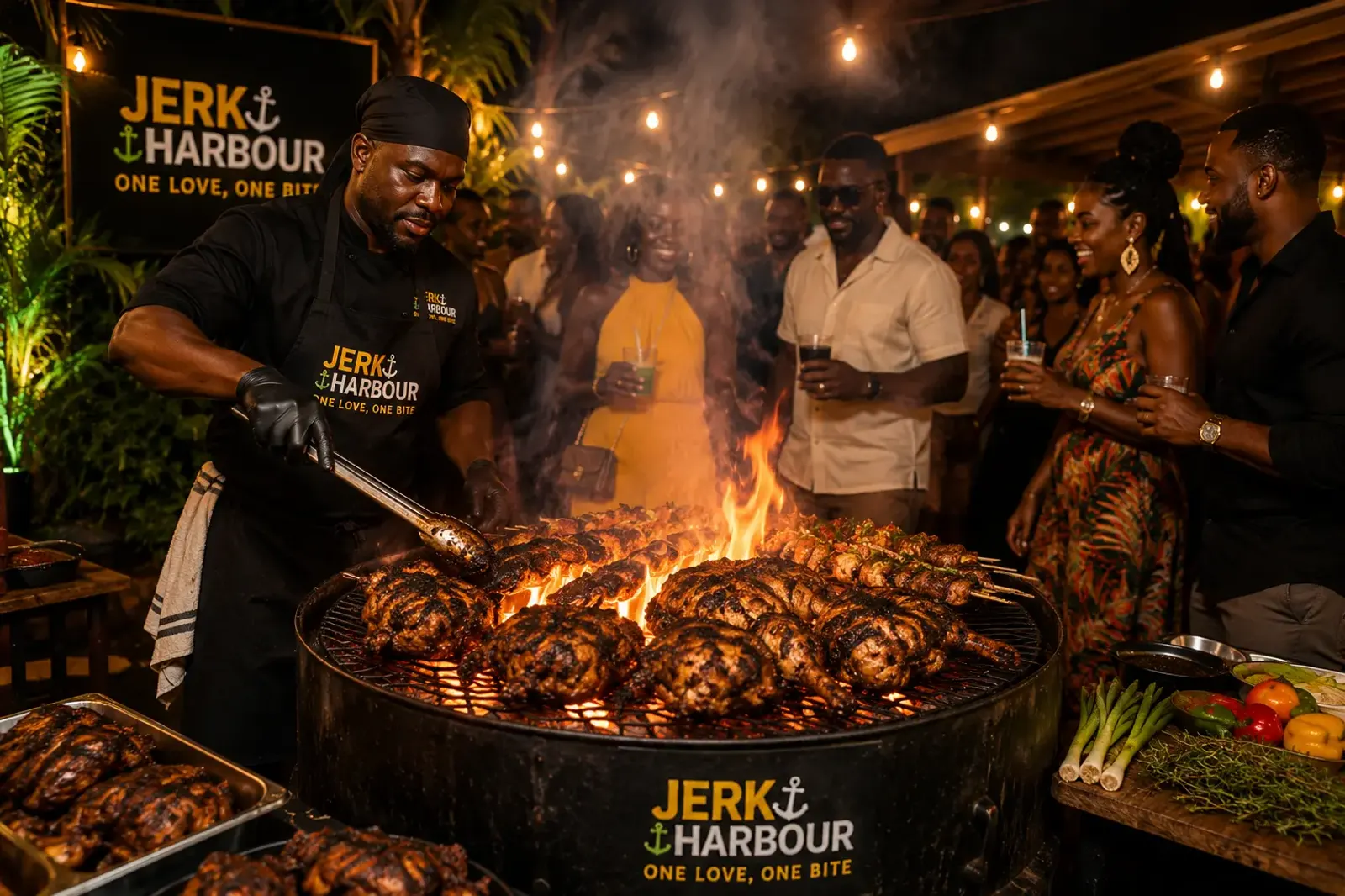 Chef grilling jerk chicken on a drum grill in front of guests at an evening event