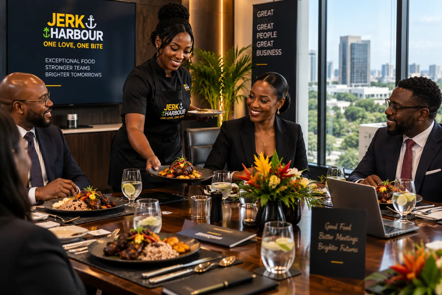Chef serving Jamaican food at a professional boardroom table