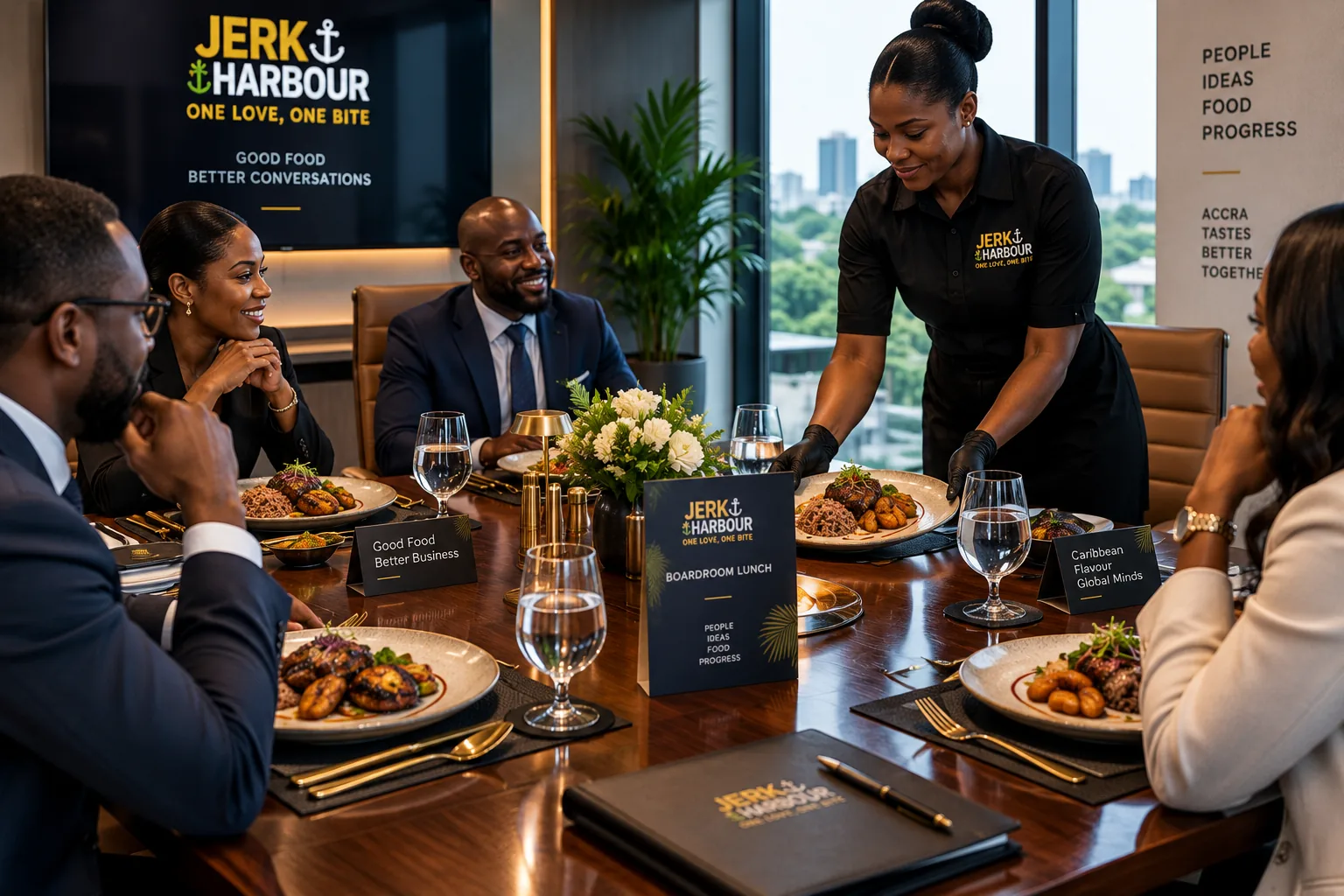 Chef serving Jamaican food to an executive dining table