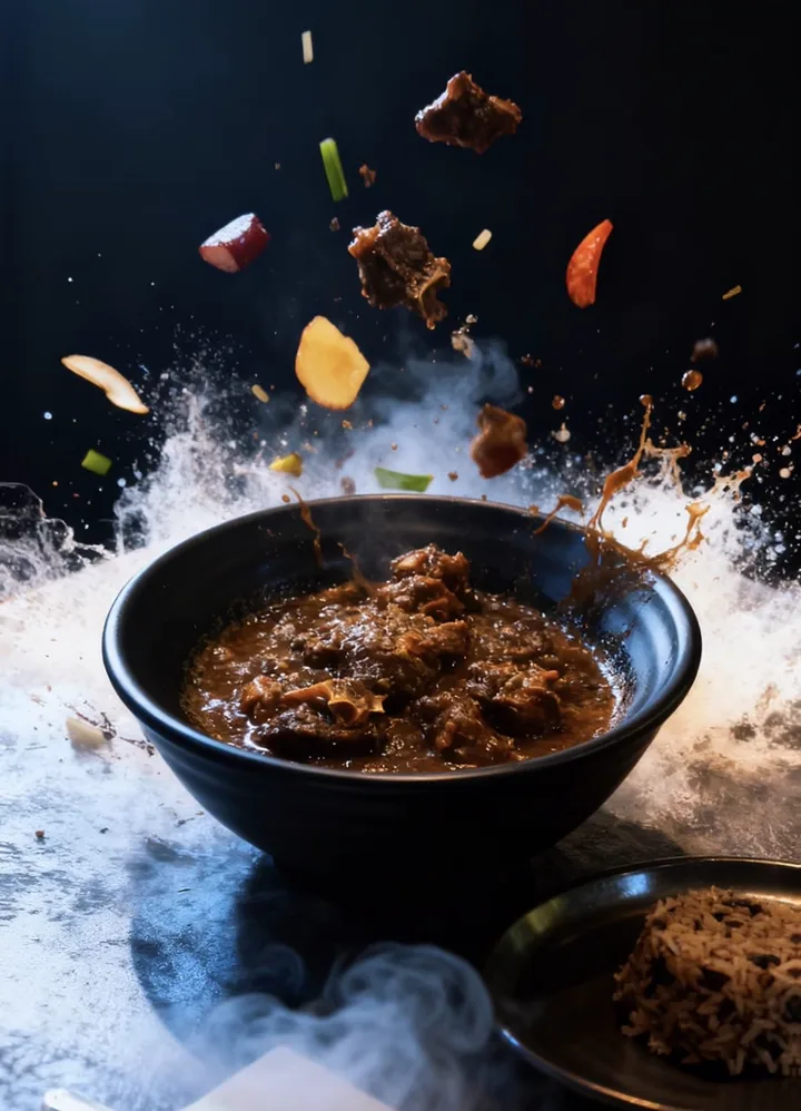 Bowl of rich oxtail stew with rice and peas beside it