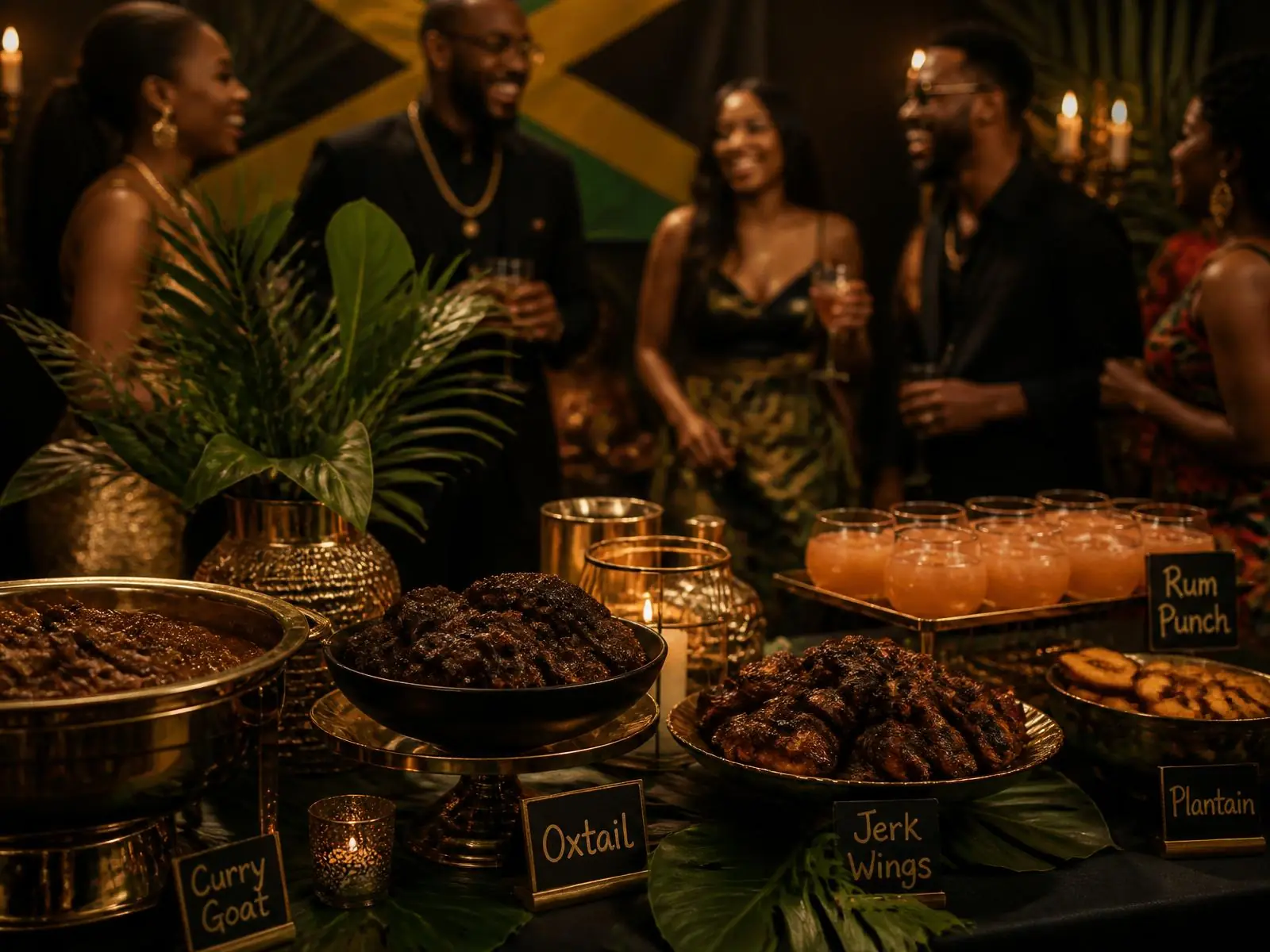 Celebration buffet of curry goat, oxtail, jerk wings and rum punch at a party