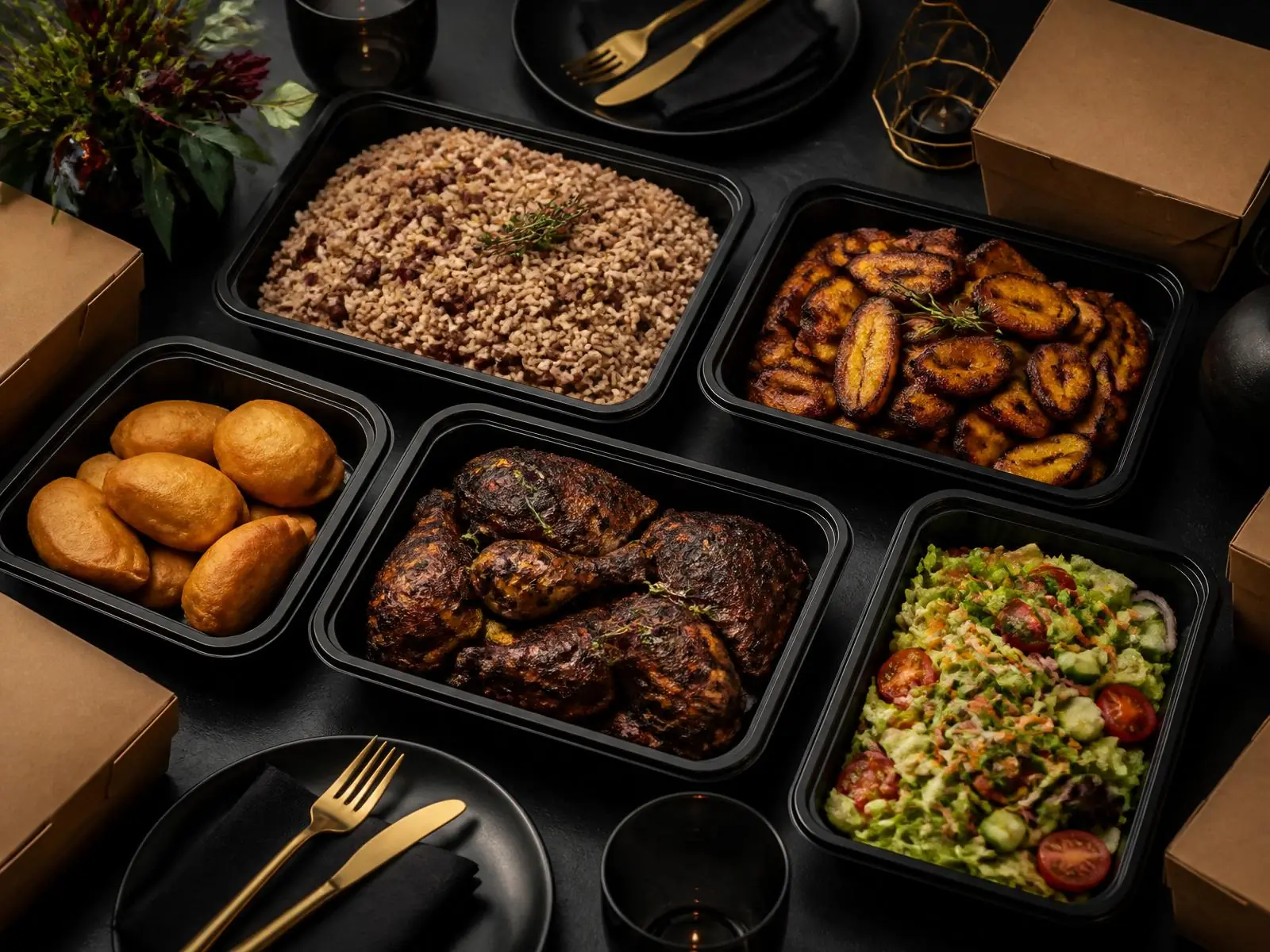 Corporate lunch catering trays of jerk chicken, rice and peas, plantain and salad