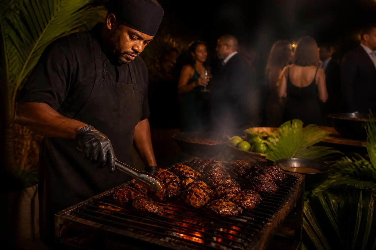 Chef turning jerk chicken on a charcoal grill at an evening event in Accra