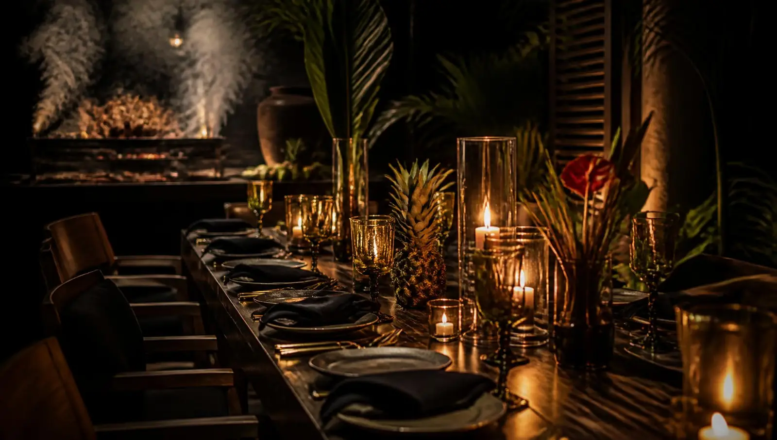 A long candlelit table set for a private dinner, with a charcoal grill glowing behind it
