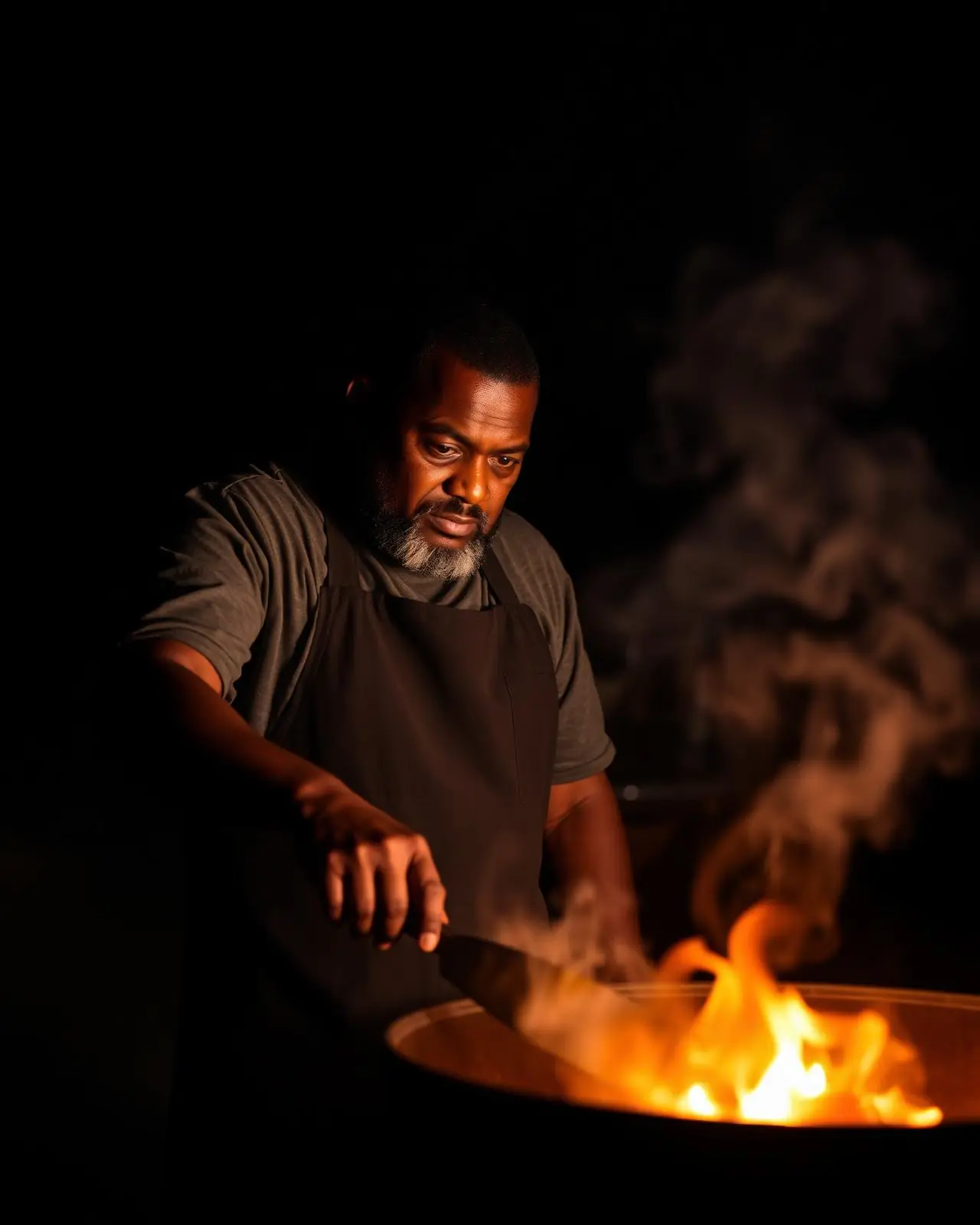 Chef tending a charcoal drum grill as smoke and flames rise